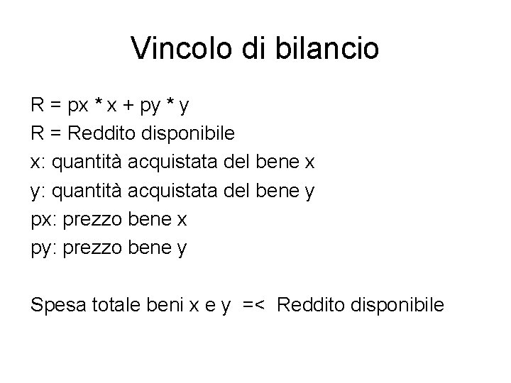 Vincolo di bilancio R = px * x + py * y R =