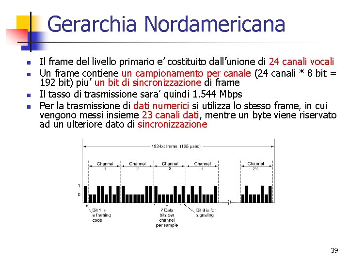 Gerarchia Nordamericana n n Il frame del livello primario e’ costituito dall’unione di 24