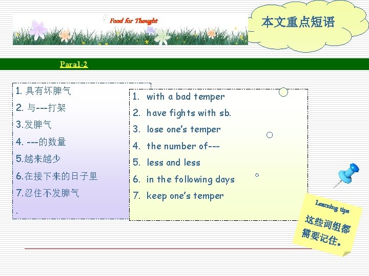 Food for Thought 本文重点短语 Para 1 -2 1. 具有坏脾气 2. 与---打架 3. 发脾气 4.