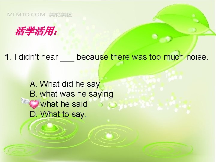 活学活用： 1. I didn’t hear ___ because there was too much noise. A. What