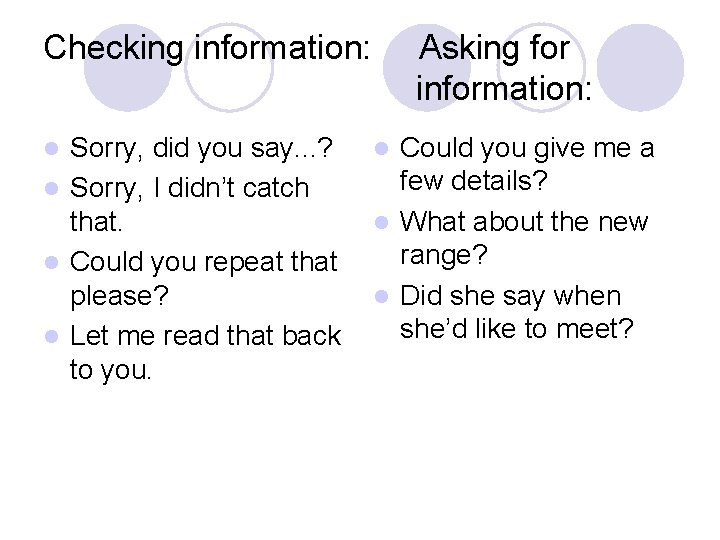 Checking information: Sorry, did you say. . . ? l Sorry, I didn’t catch