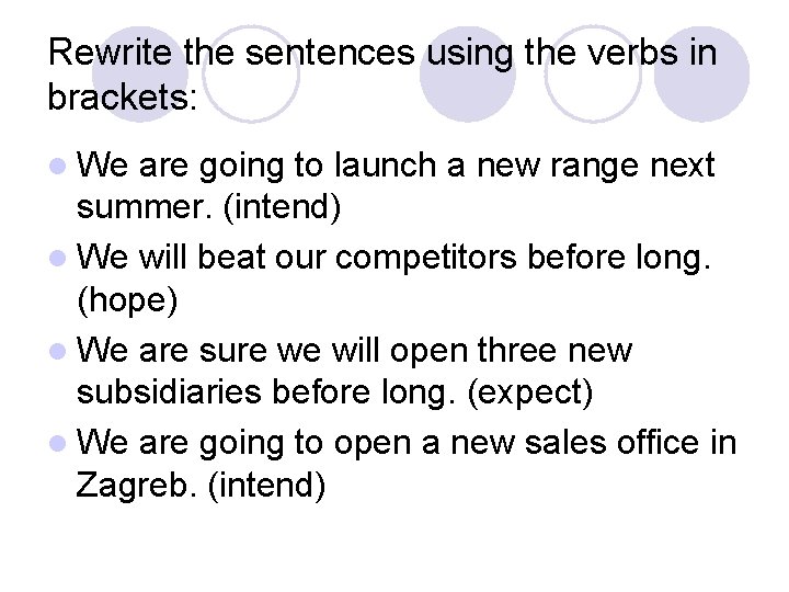 Rewrite the sentences using the verbs in brackets: l We are going to launch