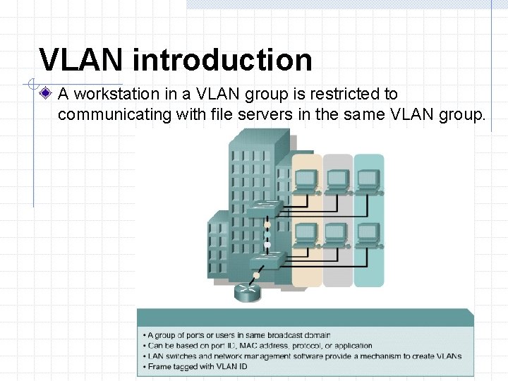 VLAN introduction A workstation in a VLAN group is restricted to communicating with file