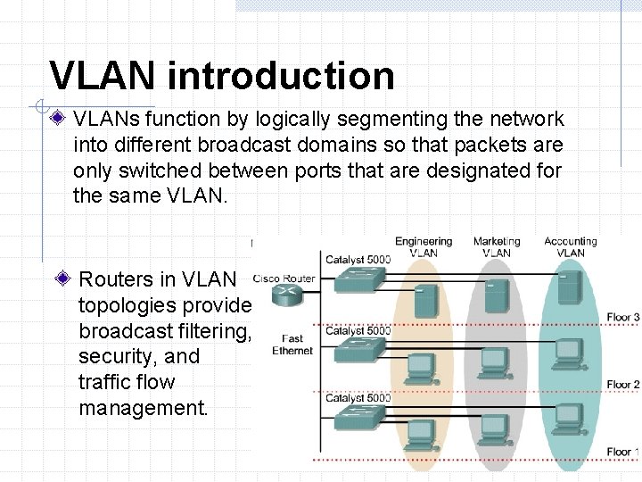 VLAN introduction VLANs function by logically segmenting the network into different broadcast domains so