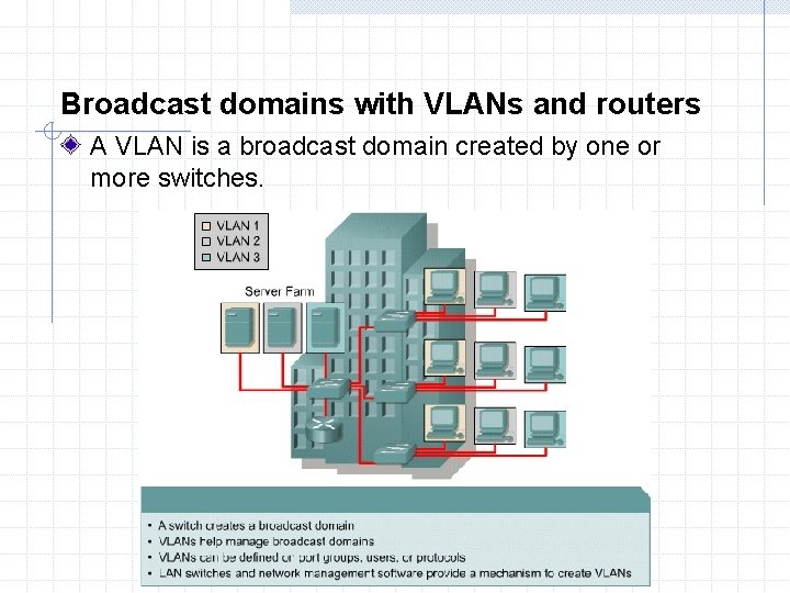 Broadcast domains with VLANs and routers A VLAN is a broadcast domain created by