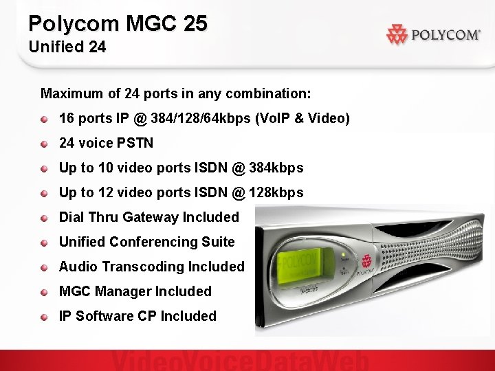 Polycom MGC 25 Unified 24 Maximum of 24 ports in any combination: 16 ports