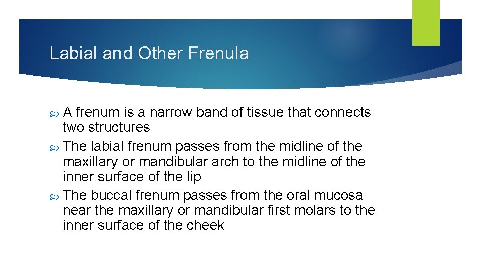 Labial and Other Frenula A frenum is a narrow band of tissue that connects