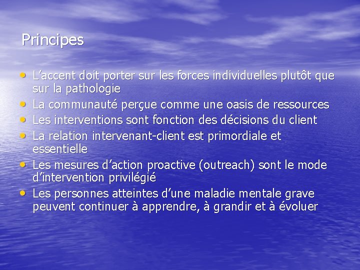 Principes • L’accent doit porter sur les forces individuelles plutôt que • • •