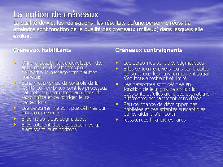 La notion de créneaux La qualité de vie, les réalisations, les résultats qu’une personne