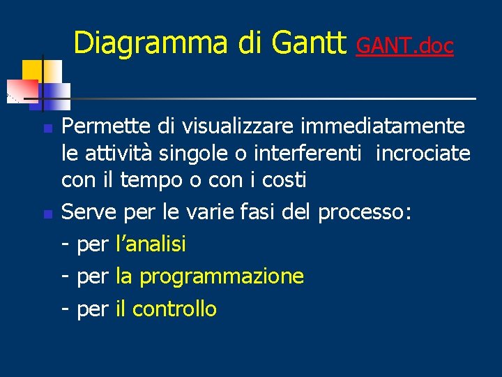 Diagramma di Gantt n n GANT. doc Permette di visualizzare immediatamente le attività singole