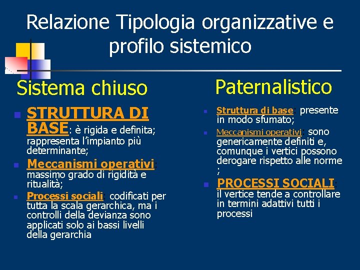 Relazione Tipologia organizzative e profilo sistemico Paternalistico Sistema chiuso n STRUTTURA DI BASE: è