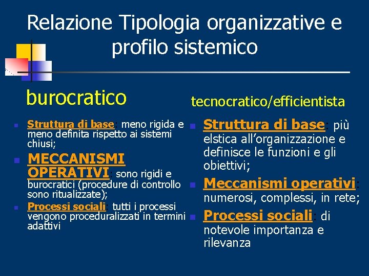 Relazione Tipologia organizzative e profilo sistemico burocratico n n n tecnocratico/efficientista Struttura di base: