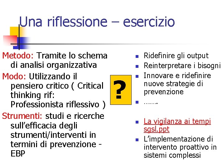 Una riflessione – esercizio Metodo: Tramite lo schema di analisi organizzativa Modo: Utilizzando il