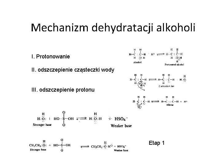 Mechanizm dehydratacji alkoholi I. Protonowanie II. odszczepienie cząsteczki wody III. odszczepienie protonu Etap 1