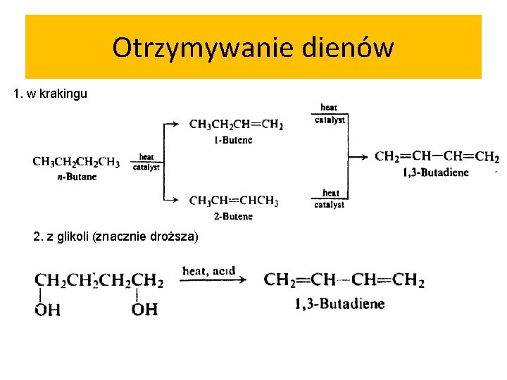 Otrzymywanie dienów 1. w krakingu 2. z glikoli (znacznie droższa) 