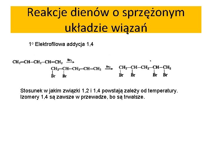 Reakcje dienów o sprzężonym układzie wiązań 1 o Elektrofilowa addycja 1, 4 Stosunek w