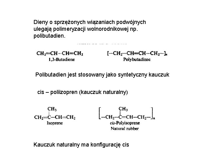 Dieny o sprzężonych wiązaniach podwójnych ulegają polimeryzacji wolnorodnikowej np. polibutadien. Polibutadien jest stosowany jako