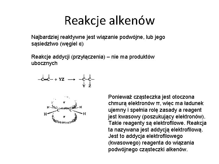 Reakcje alkenów Najbardziej reaktywne jest wiązanie podwójne, lub jego sąsiedztwo (węgiel α) Reakcje addycji