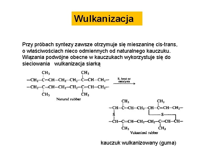 Wulkanizacja Przy próbach syntezy zawsze otrzymuje się mieszaninę cis-trans, o właściwościach nieco odmiennych od