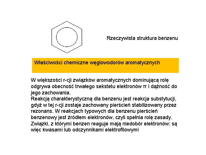 Rzeczywista struktura benzenu Właściwości chemiczne węglowodorów aromatycznych W większości r-cji związków aromatycznych dominującą rolę