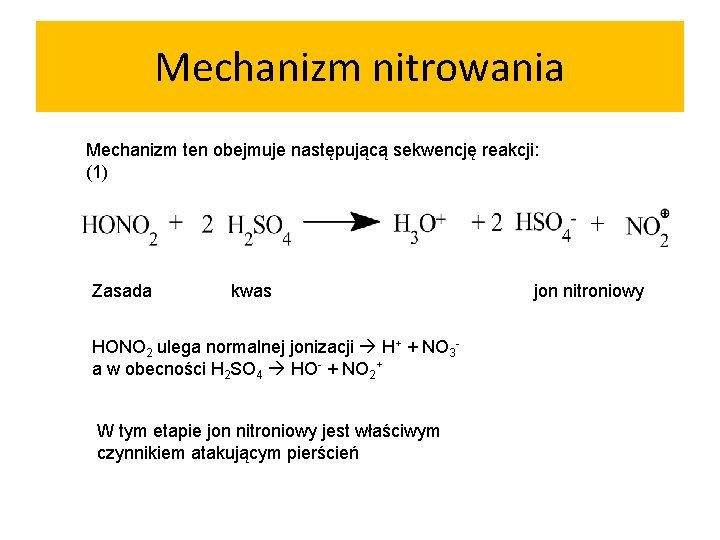 Mechanizm nitrowania Mechanizm ten obejmuje następującą sekwencję reakcji: (1) Zasada kwas HONO 2 ulega