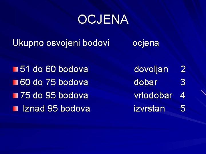 OCJENA Ukupno osvojeni bodovi 51 do 60 bodova 60 do 75 bodova 75 do