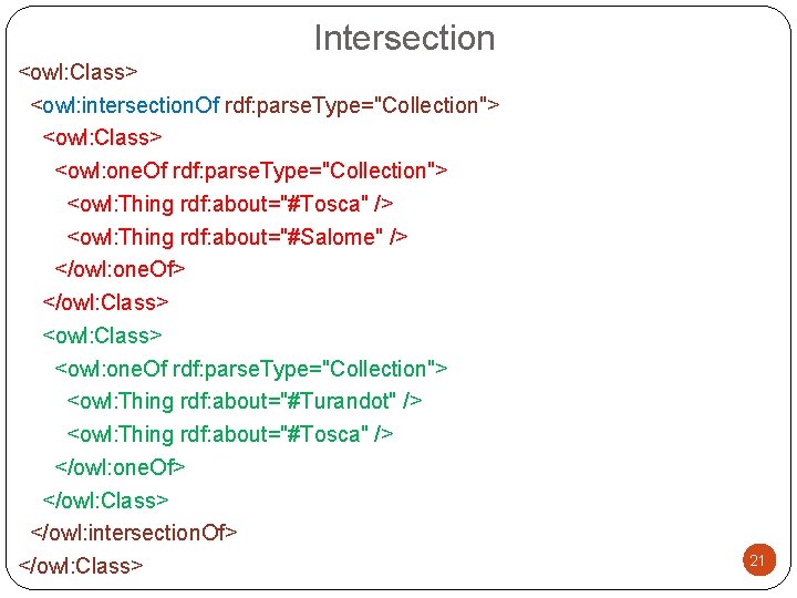 Intersection <owl: Class> <owl: intersection. Of rdf: parse. Type="Collection"> <owl: Class> <owl: one. Of