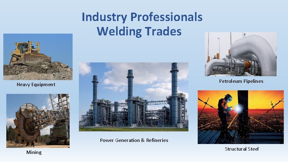 Industry Professionals Welding Trades Petroleum Pipelines Heavy Equipment Power Generation & Refineries Mining Structural Industry Professionals Welding Trades Petroleum Pipelines Heavy Equipment Power Generation & Refineries Mining Structural
