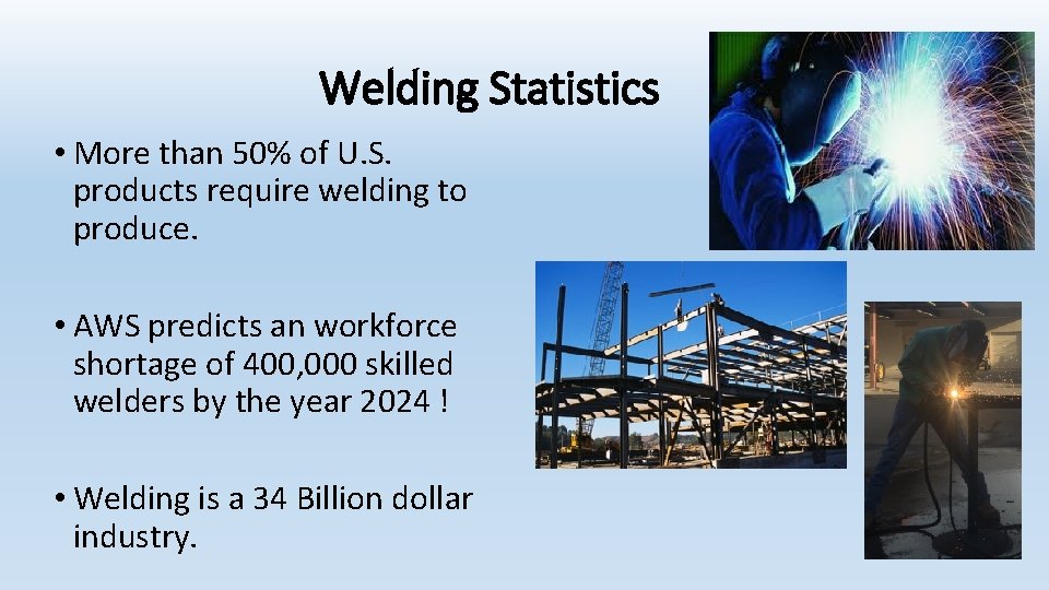 Welding Statistics • More than 50% of U. S. products require welding to produce. Welding Statistics • More than 50% of U. S. products require welding to produce.