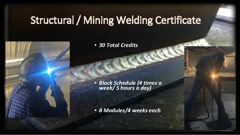 Structural / Mining Welding Certificate • 30 Total Credits • Block Schedule (4 times Structural / Mining Welding Certificate • 30 Total Credits • Block Schedule (4 times