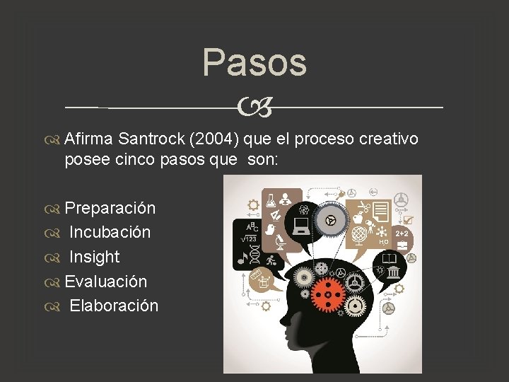 Pasos Afirma Santrock (2004) que el proceso creativo posee cinco pasos que son: Preparación Pasos Afirma Santrock (2004) que el proceso creativo posee cinco pasos que son: Preparación