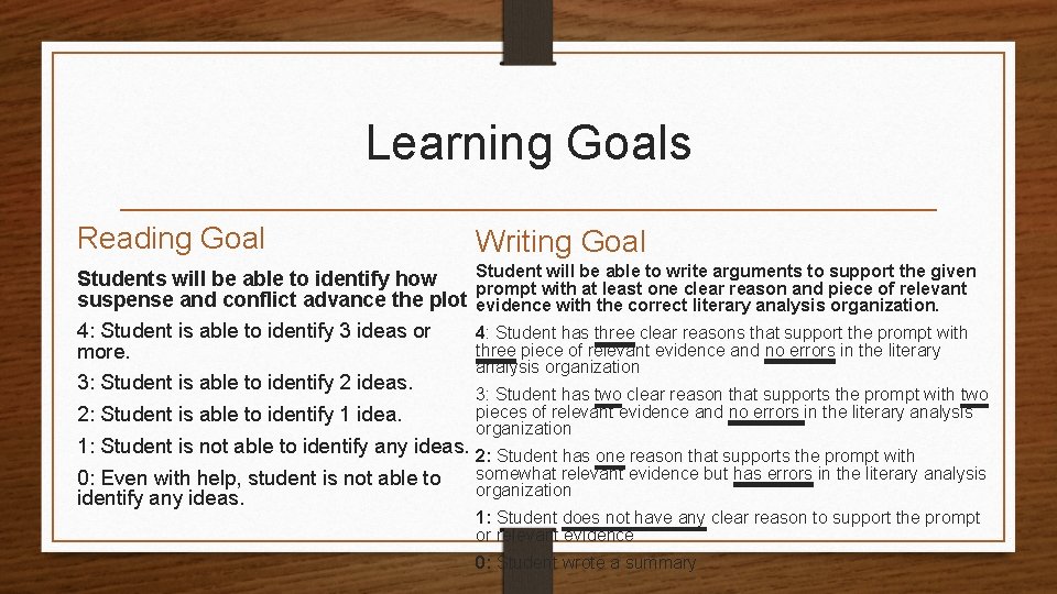 Learning Goals Reading Goal Writing Goal Student will be able to write arguments to