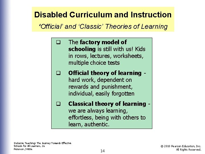 Disabled Curriculum and Instruction ‘Official’ and ‘Classic’ Theories of Learning q The factory model