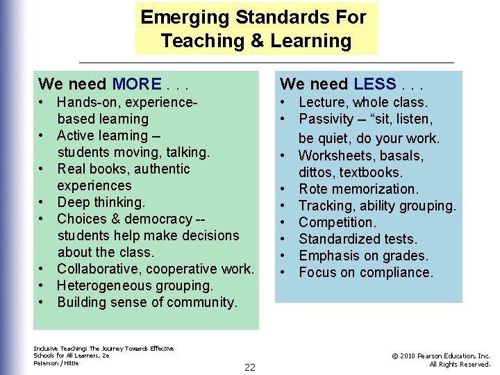 Emerging Standards For Teaching & Learning We need MORE. . . We need LESS.
