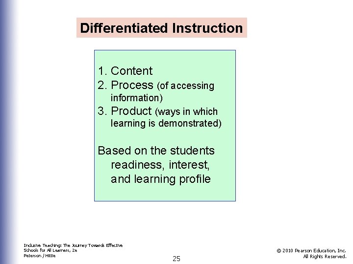Differentiated Instruction 1. Content 2. Process (of accessing 3. information) Product (ways in which