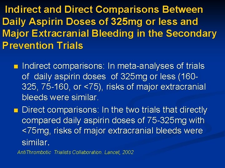  Indirect and Direct Comparisons Between Daily Aspirin Doses of 325 mg or less