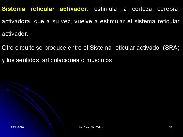 Sistema reticular activador: estimula la corteza cerebral activadora, que a su vez, vuelve a