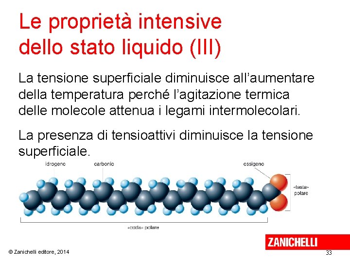 Le proprietà intensive dello stato liquido (III) La tensione superficiale diminuisce all’aumentare della temperatura