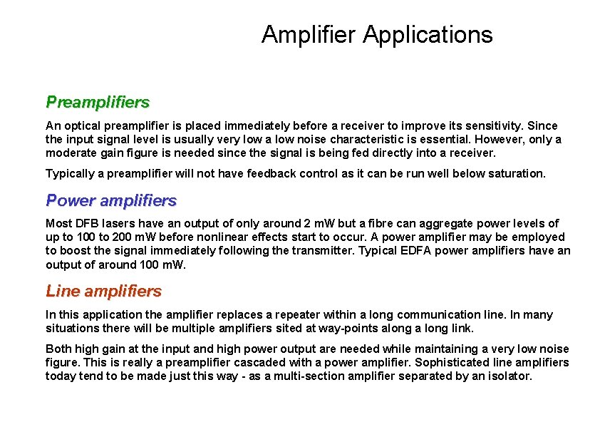 Amplifier Applications Preamplifiers An optical preamplifier is placed immediately before a receiver to improve