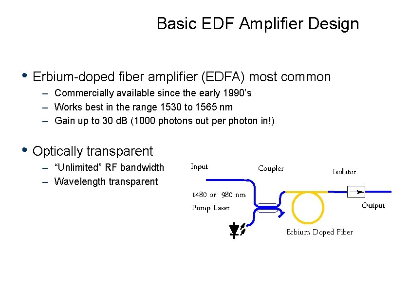 Basic EDF Amplifier Design • Erbium-doped fiber amplifier (EDFA) most common – Commercially available