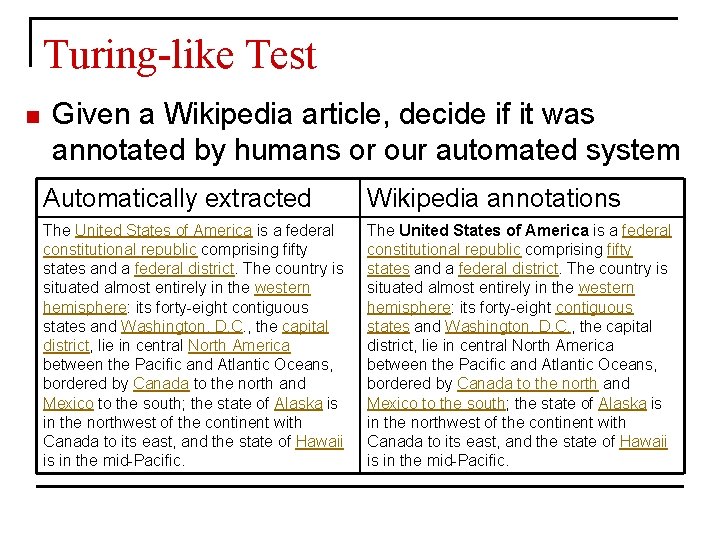 Turing-like Test n Given a Wikipedia article, decide if it was annotated by humans