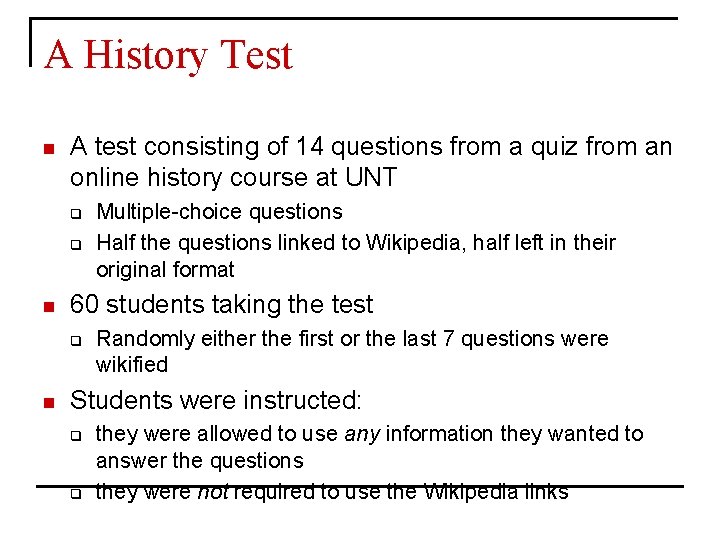 A History Test n A test consisting of 14 questions from a quiz from