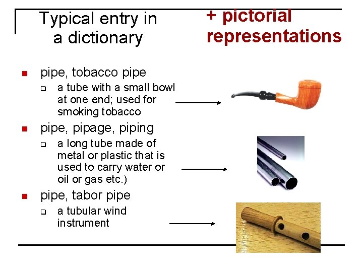 Typical entry in a dictionary n pipe, tobacco pipe q n pipe, pipage, piping