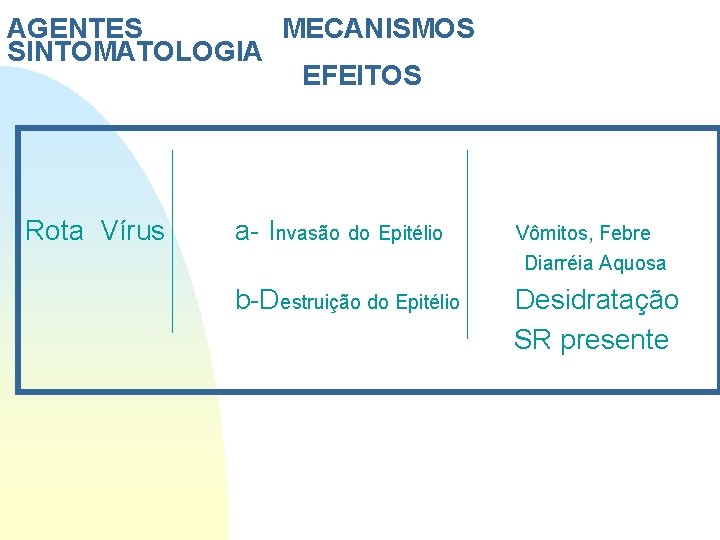 AGENTES MECANISMOS SINTOMATOLOGIA EFEITOS Rota Vírus a- Invasão do Epitélio Vômitos, Febre Diarréia Aquosa AGENTES MECANISMOS SINTOMATOLOGIA EFEITOS Rota Vírus a- Invasão do Epitélio Vômitos, Febre Diarréia Aquosa