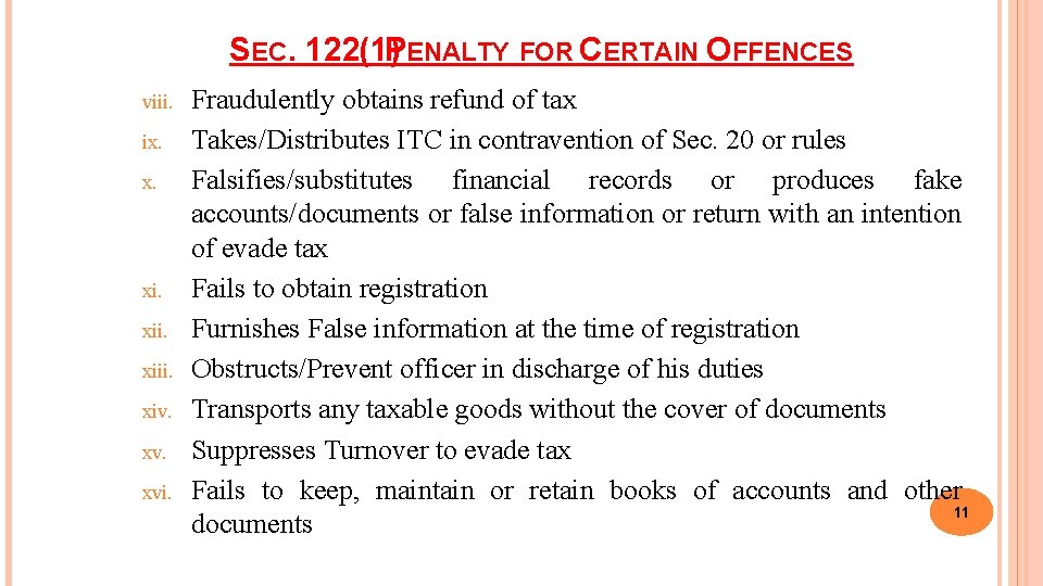 SEC. 122(1) PENALTY FOR CERTAIN OFFENCES viii. ix. x. xi. xiii. xiv. xvi. Fraudulently