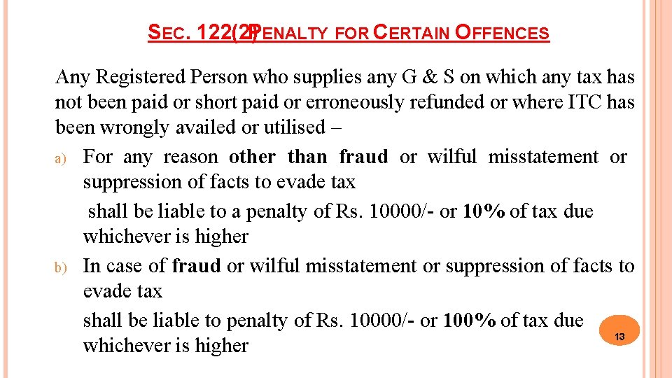 SEC. 122(2) PENALTY FOR CERTAIN OFFENCES Any Registered Person who supplies any G &