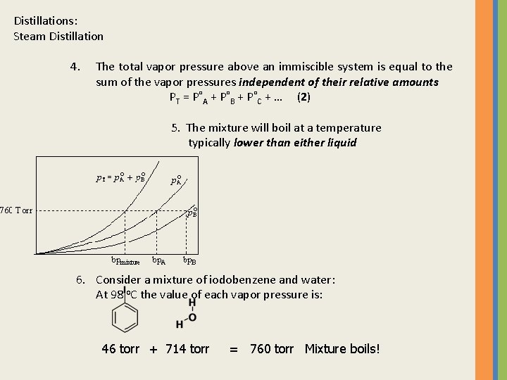 Distillations: Steam Distillation 4. The total vapor pressure above an immiscible system is equal