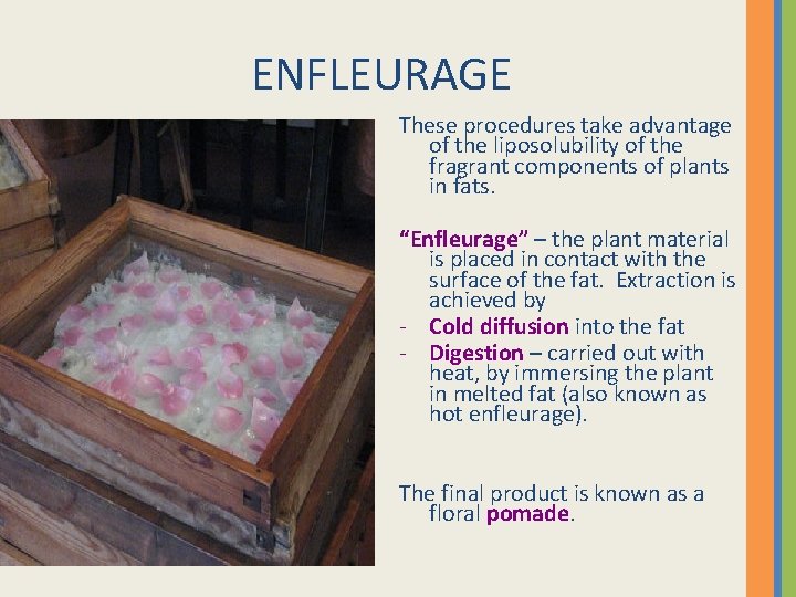 ENFLEURAGE These procedures take advantage of the liposolubility of the fragrant components of plants