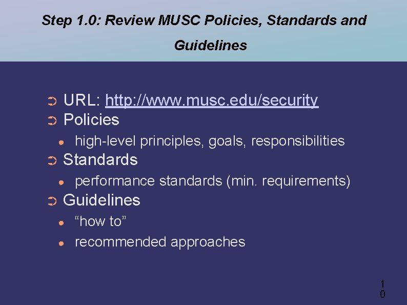 Step 1. 0: Review MUSC Policies, Standards and Guidelines URL: http: //www. musc. edu/security