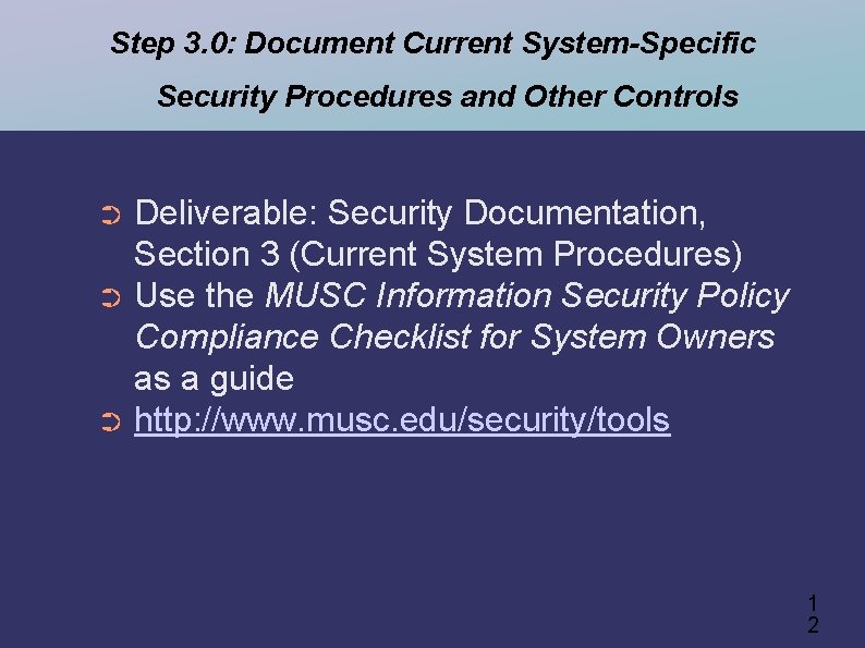 Step 3. 0: Document Current System-Specific Security Procedures and Other Controls Deliverable: Security Documentation,